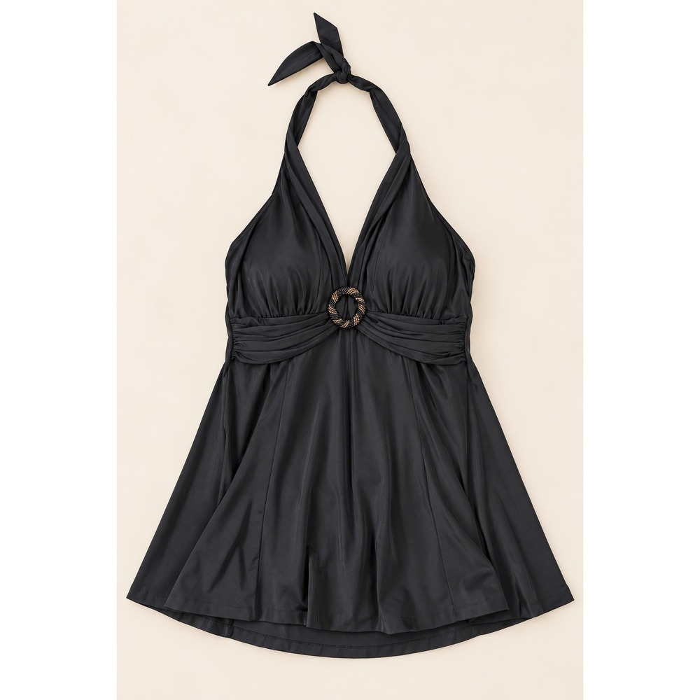 Classic Halter Swimdress Plus Size 20W Ruched Ring Detail Skirted Swimsuit